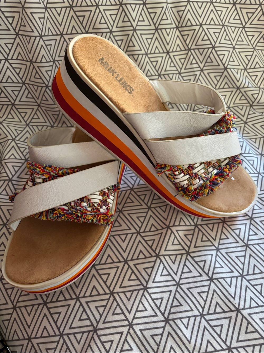 Muk Luks White Platform Slide Sandals with colorful Trim